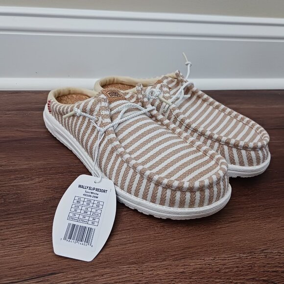 New Hey Dude Wally Slip On Resort Tan White Stripe Mens Size 9 - Picture 2 of 7